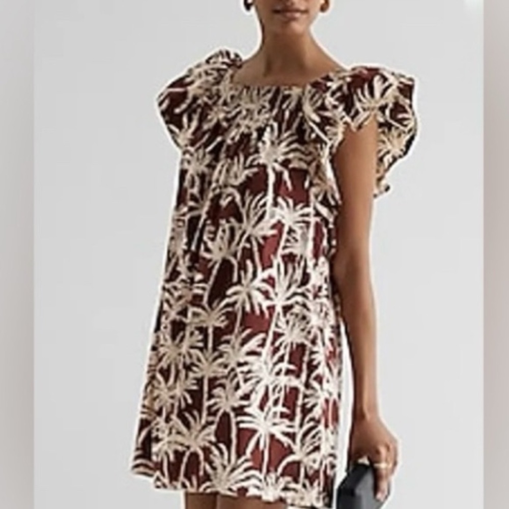 Express Elegant Palm Print Dress in Brown Squared Smocked Neckline